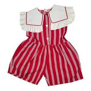Vintage Monday's Child Size 4 Romper Red Ruffle Collar Bow *Flaws
